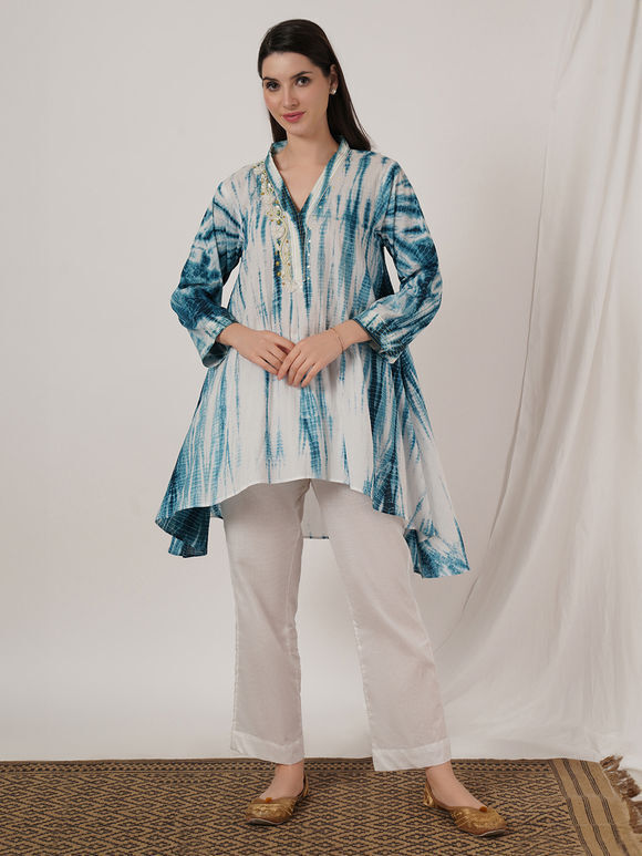 Indigo Tie and Dye Cotton Embroidered Tunic with Pants- Set of 2