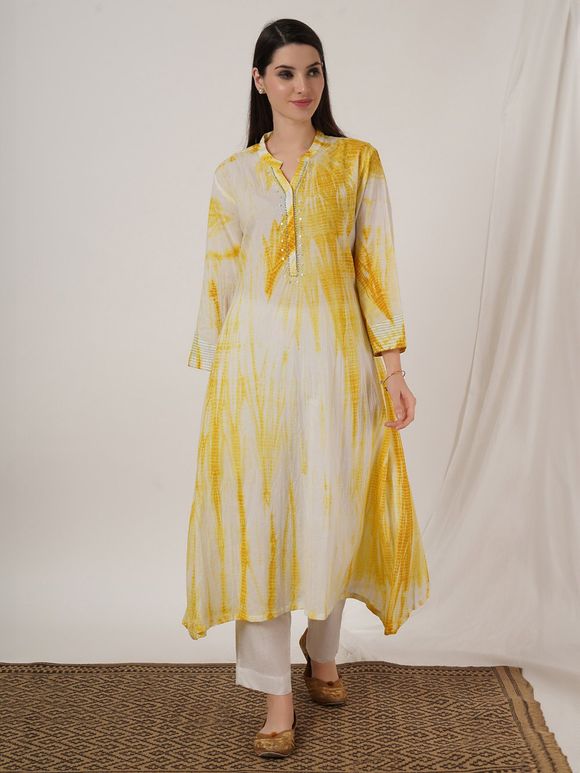 Mustard Yellow White Tie and Dye Cotton Embroidered Kurta with Pants- Set of 2