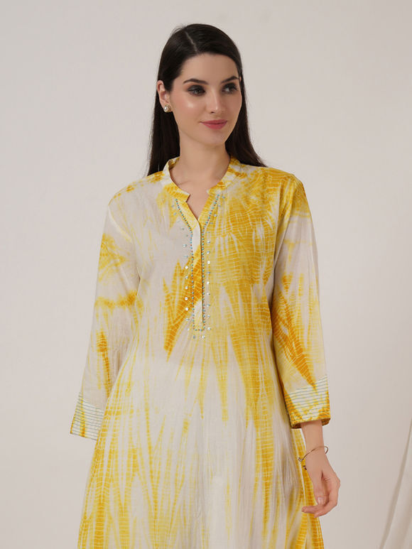 Mustard Yellow White Tie and Dye Cotton Embroidered Kurta with Pants- Set of 2