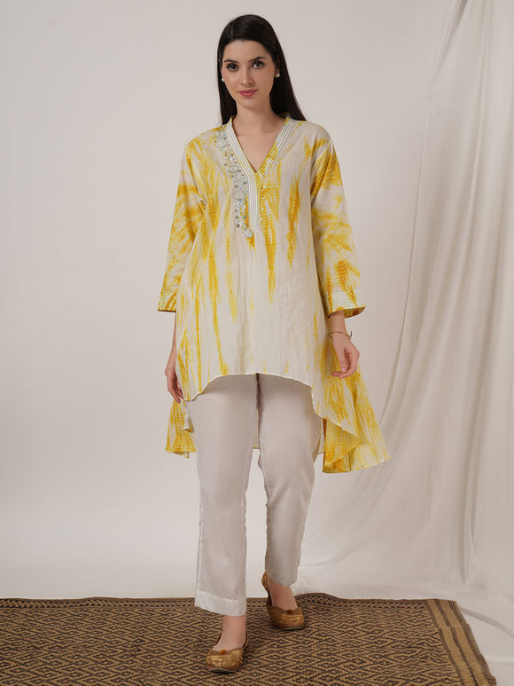 Mustard Yellow Tie and Dye Cotton Embroidered Tunic with Pants- Set of 2