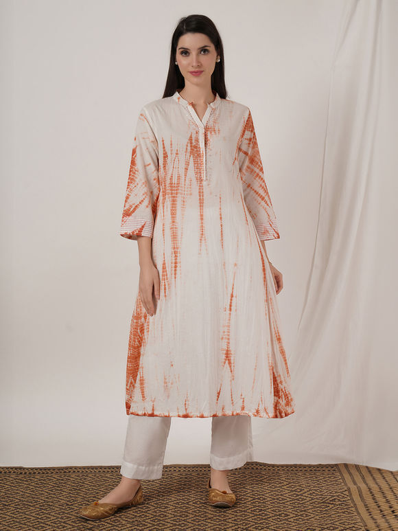 Peach White Tie and Dye Cotton Embroidered Kurta with Pants- Set of 2