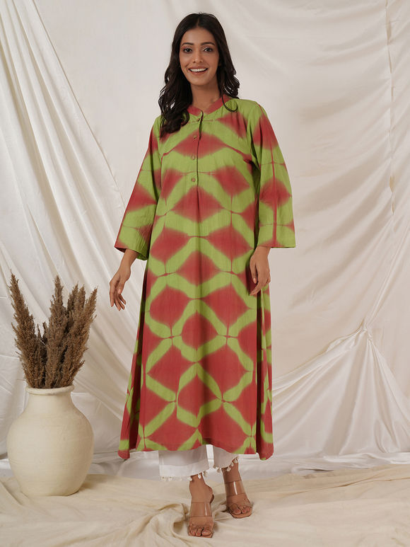 Lime Green Peach Tie and Dye Cotton Kurta with Pants- Set of 2