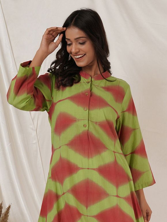 Lime Green Peach Tie and Dye Cotton Kurta with Pants- Set of 2