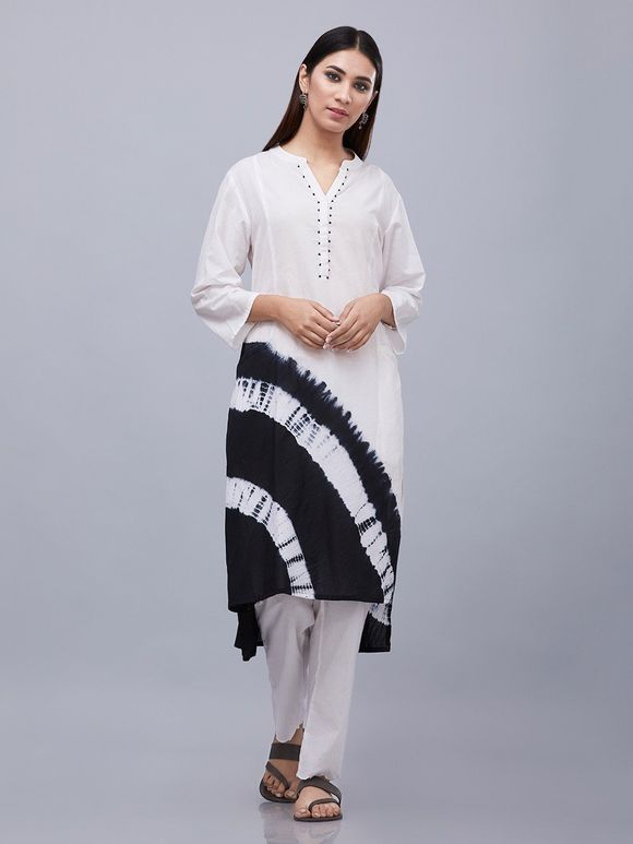 White Shibori Dyed Cotton High-Low Kurta with Pants - Set of 2
