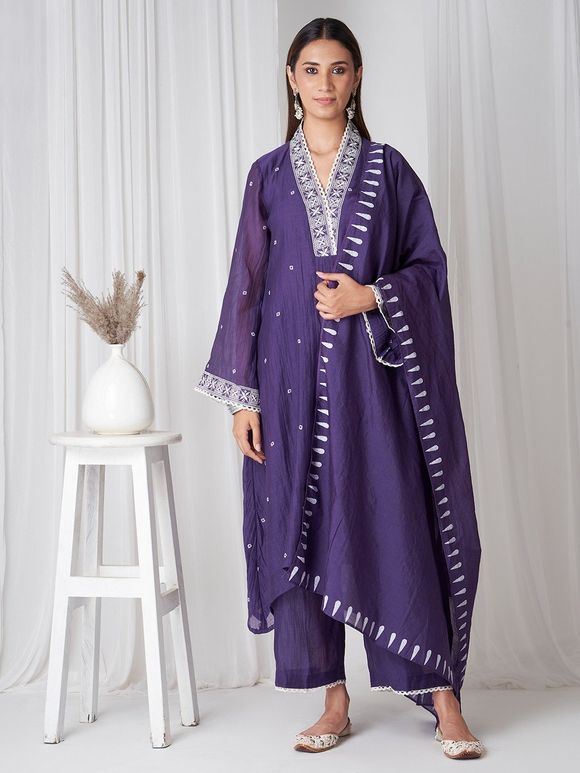 Purple Hand Block Printed Chanderi Embroidered Asymmetric Suit- Set of 3