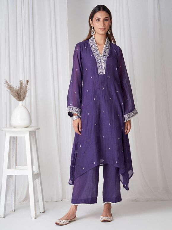 Purple Embroidered Chanderi Asymmetric Kurta with Pants- Set of 2
