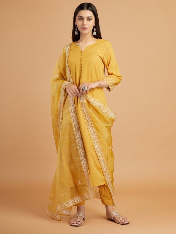 Yellow Embroidered Chanderi Suit with Tissue Dupatta- Set of 3