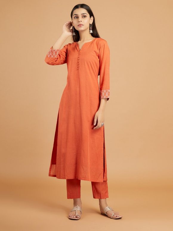 Orange Embroidered Chanderi Suit with Tissue Dupatta- Set of 3
