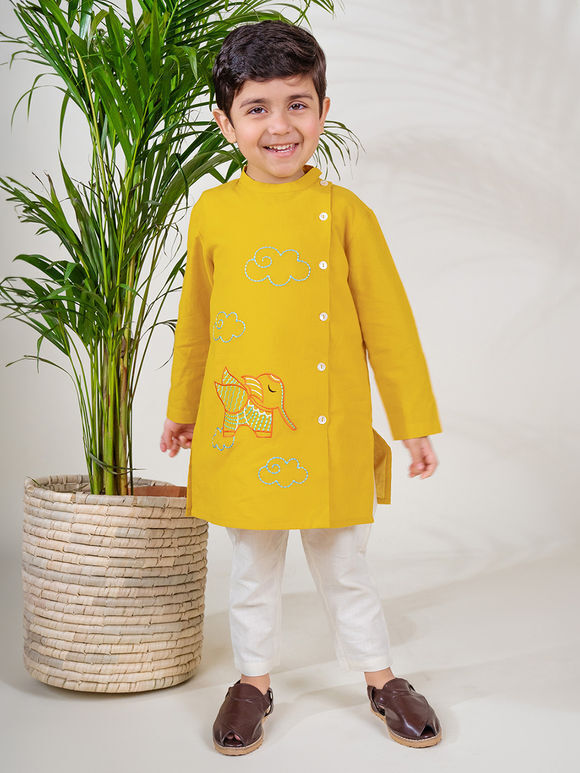 Yellow Embroidered Cotton Kurta with Pajama - Set of 2