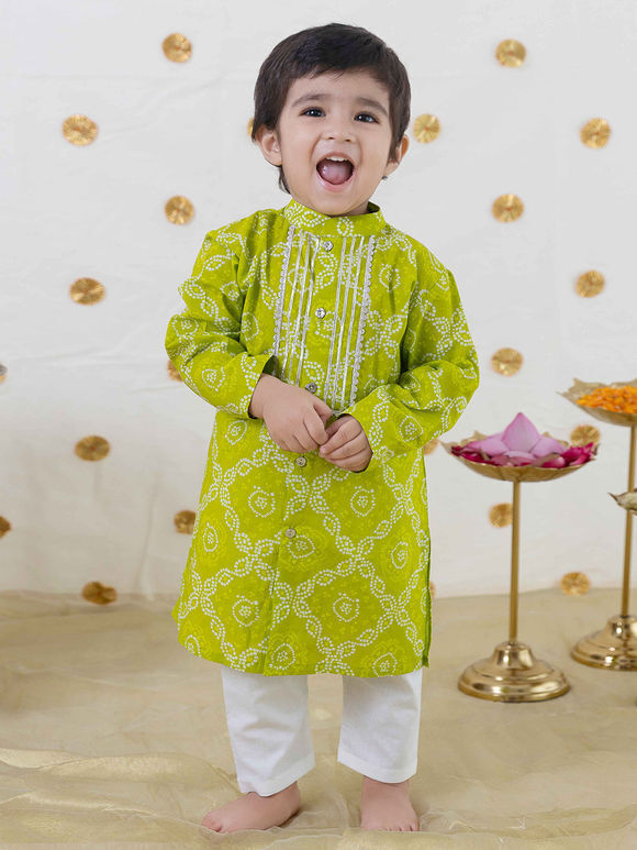 Green Bandhani Printed Cotton Kurta with Pajama - Set of 2