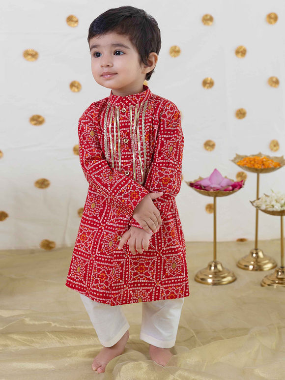 Red Bandhani Printed Cotton Kurta with Pajama - Set of 2