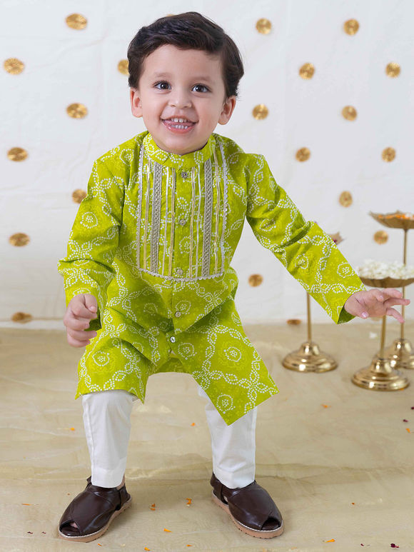 Green Bandhani Printed Cotton Kurta with Pajama - Set of 2
