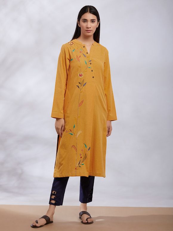 Buy Mustard Yellow Embroidered Kurta with Navy Blue Pants - Set of 2 ...
