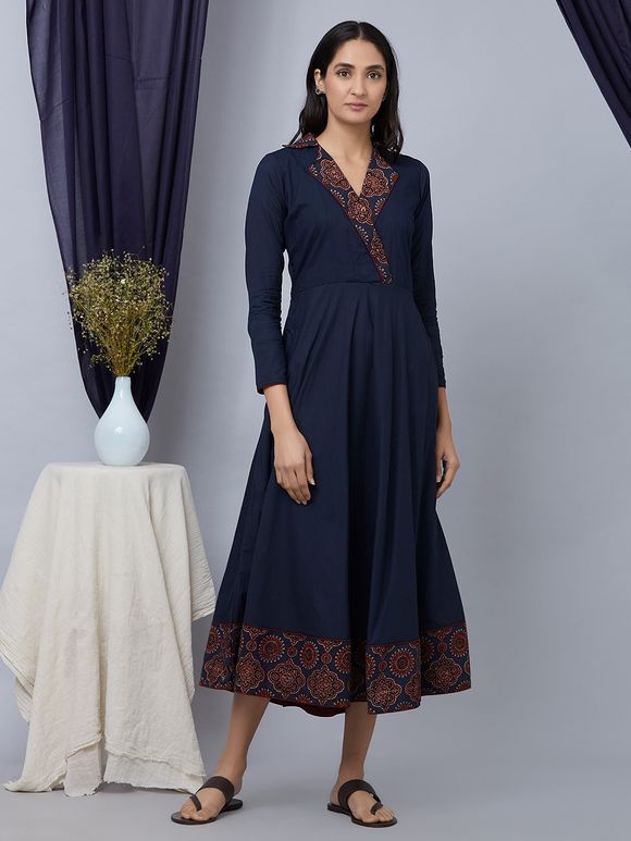 Buy Black Ajrakh Printed Cotton Mul Dress online at Theloom