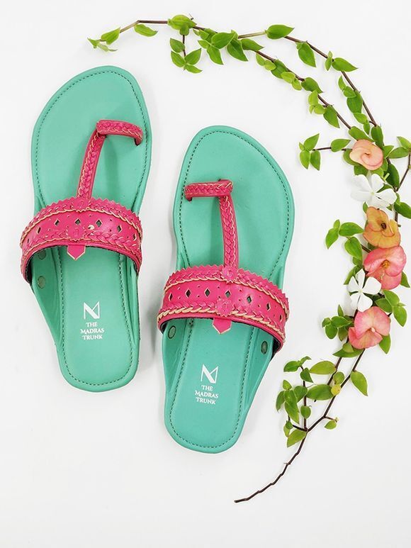 Mint Green Pink Handcrafted Leather Slip Ons