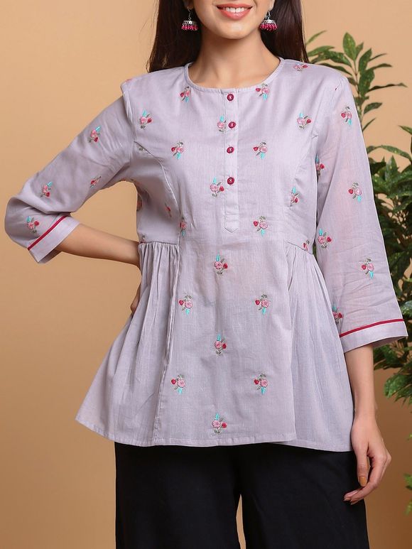 Grey Hand Embroidered Cotton Voile Top