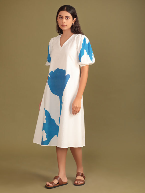 Off White Blue Printed Cotton Poplin Dress