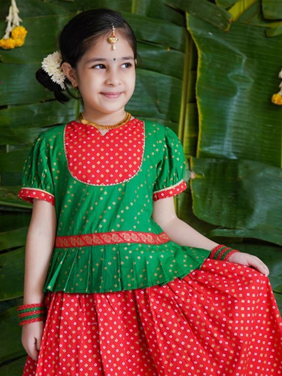 Green Red Bandhani Printed Cotton Dress