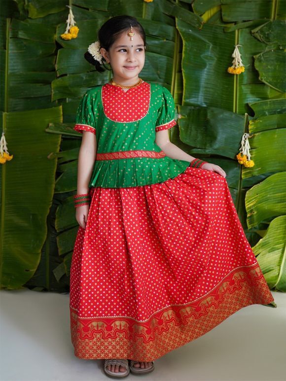 Green Red Bandhani Printed Cotton Dress