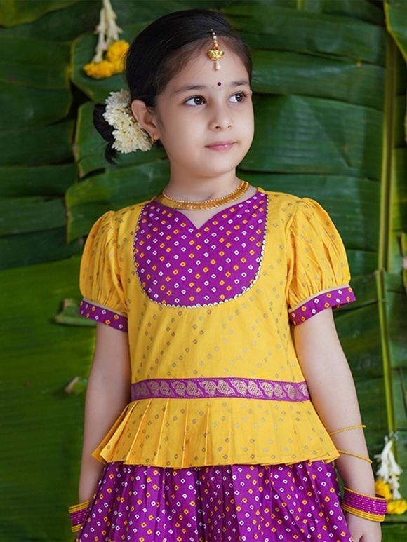 Yellow Purple Bandhani Printed Cotton Dress