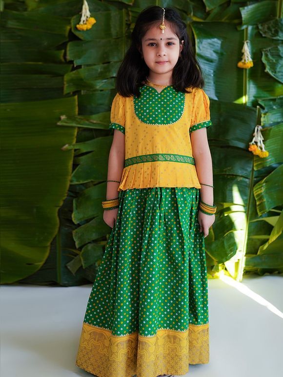 Yellow Green Bandhani Printed Cotton Dress