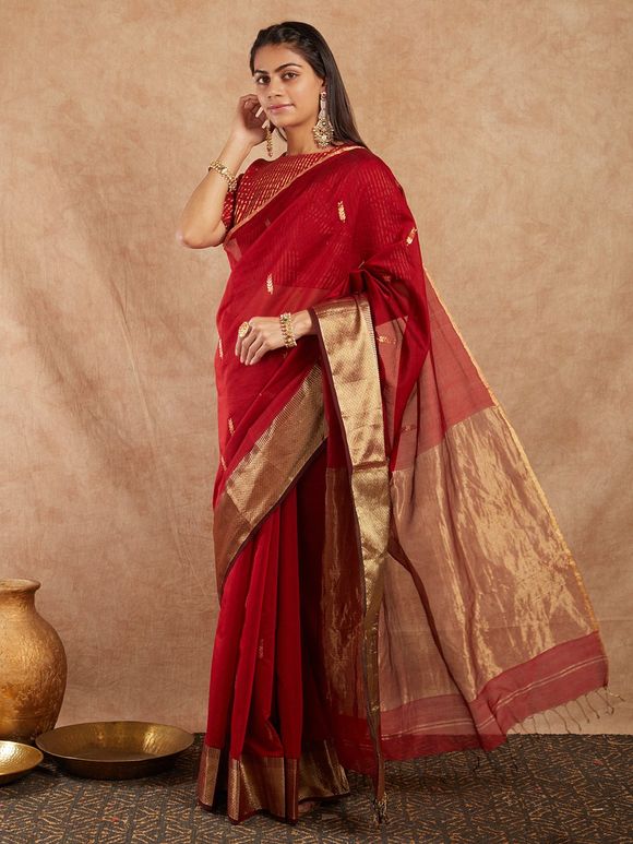 Red Handwoven Cotton Silk Saree