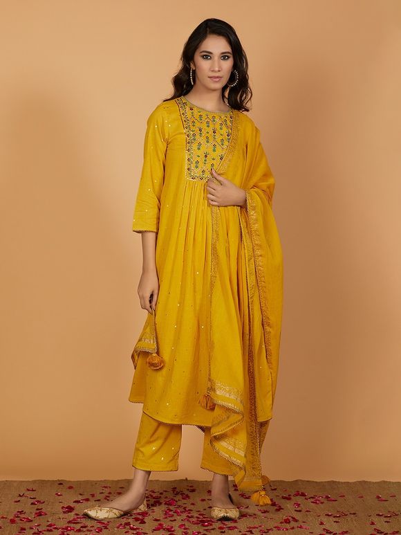 Yellow Embroidered Cotton Kurta With Hand Block Printed Pants and Dupatta- Set of 3