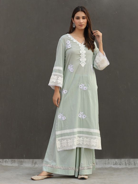 Green Embroidered Cotton Kurta with Palazzo- Set of 2
