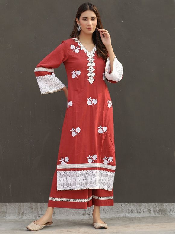 Red Embroidered Cotton Kurta with Palazzo- Set of 2