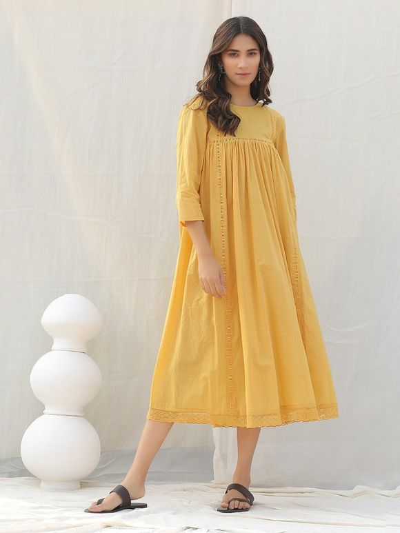 Mustard Yellow Cotton Gathered Dress