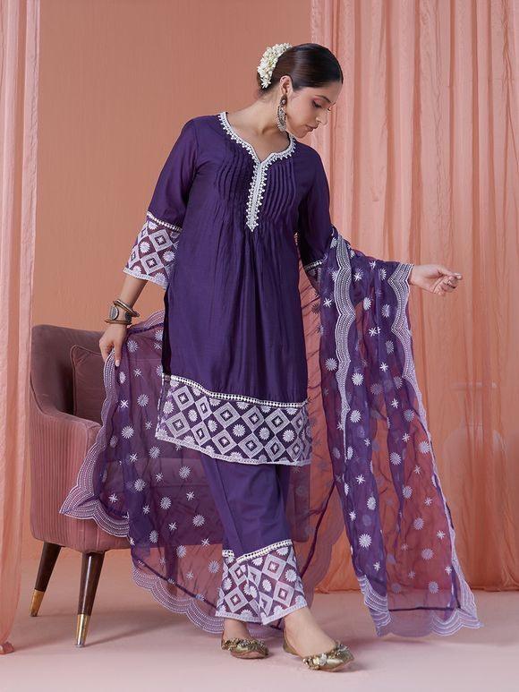 Purple Lace Work Chanderi Kurta with Pants- Set of 2