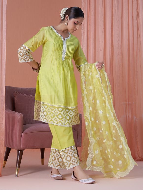 Yellow Lace Work Chanderi Kurta with Pants- Set of 2