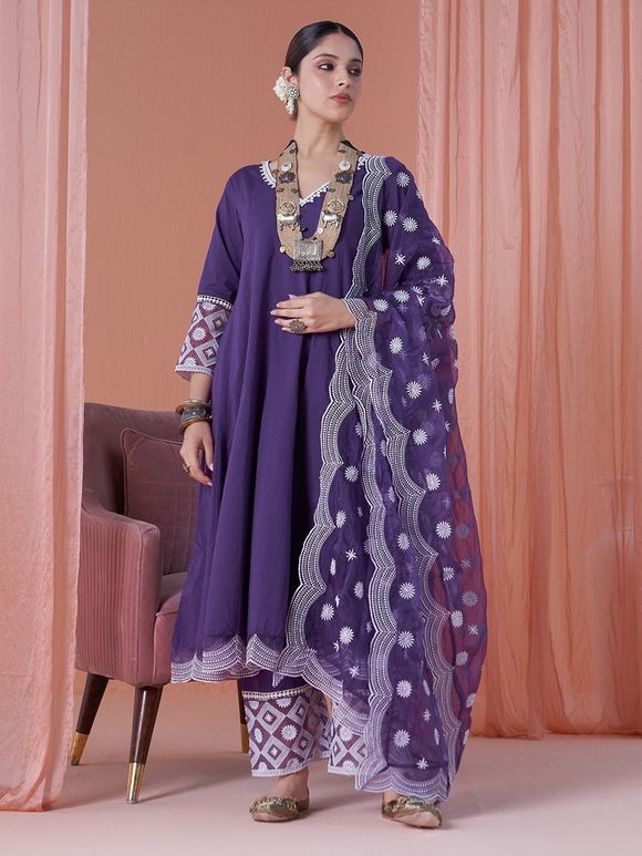 Purple Lace Work Cotton Kurta with Pants- Set of 2