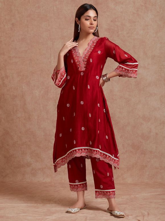 Red Lace Work Chanderi Kurta with Pants- Set of 2