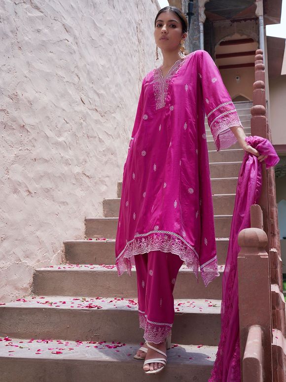 Pink Lace Work Chanderi Kurta with Pants- Set of 2