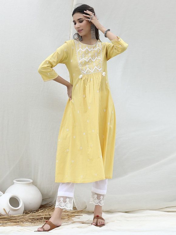 Yellow Embroidered Cotton Kurta with Ivory Pants - Set of 2