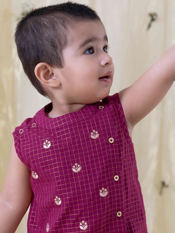 Purple Zari Cotton Embroidered Kurta with Dhoti Pants- Set of 2