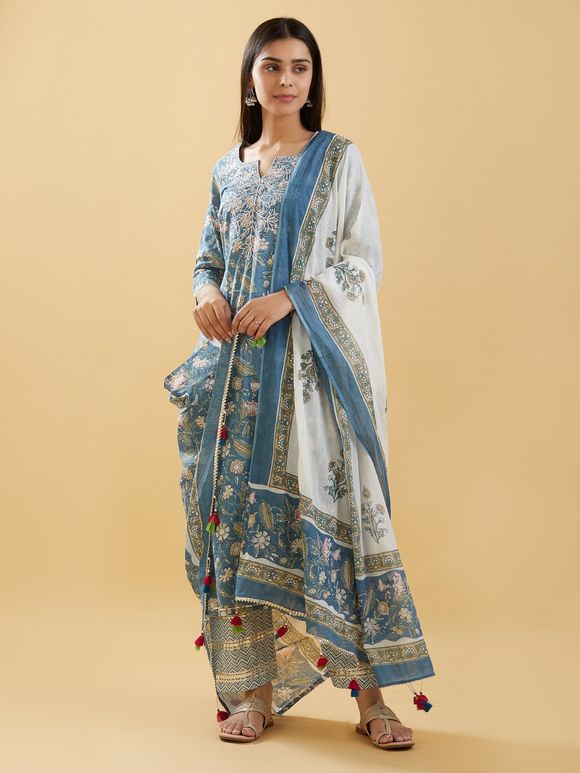 Buy White Black Printed Cotton Suit with Mulmul Dupatta - Set of 3 ...