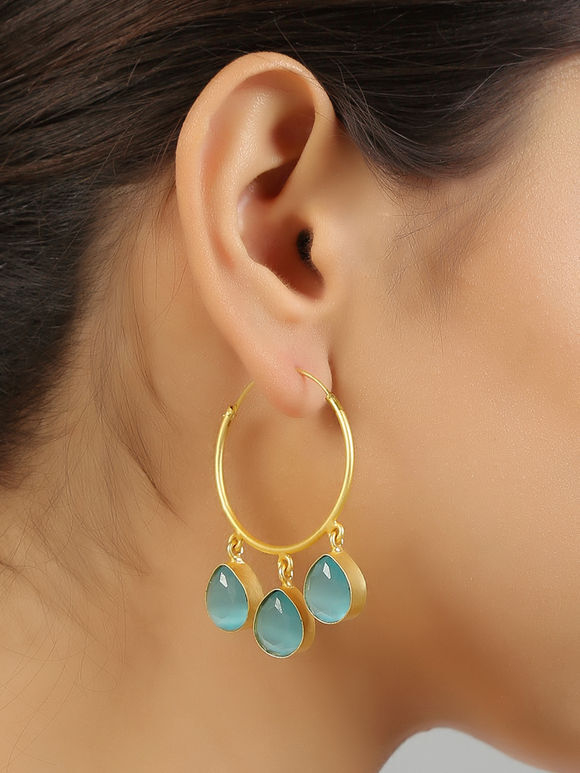Gold Toned Blue Handcrafted Brass Earrings